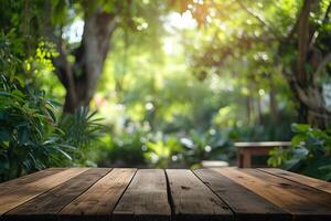 AI generated Wooden Tabletop against Blurred Zoo Scene Wildlife Exhibit photo