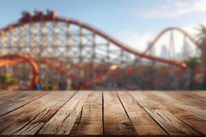 AI generated Wooden Tabletop with Blurry Roller Coaster Park photo