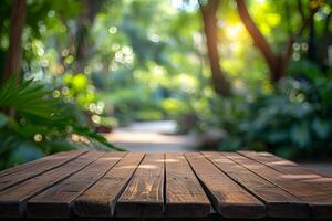 AI generated Blurred Zoo Fauna Background with Wooden Table Foreground photo