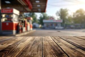 AI generated Wood Table against Blurry Fuel Station, Roadside Retreat photo