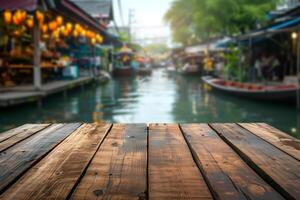 AI generated Empty Plank Floor with Blurry Traditional Floating Market Background photo