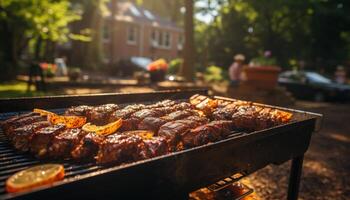 ai generado A la parrilla carne en parilla, Perfecto verano picnic comida generado por ai foto