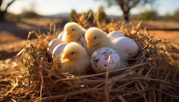 AI generated Fluffy young bird hatching in nature meadow generated by AI photo