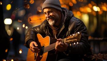 ai generado sonriente músico jugando guitarra al aire libre debajo noche luces generado por ai foto
