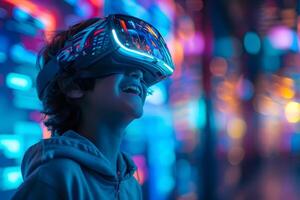 AI generated Boy with Futuristic Vision in Virtual Glasses, Immersive VR Experience photo