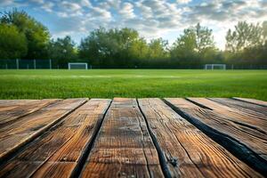 AI generated Rustic Wooden Table with Blurred Soccer Football Field Backdrop photo