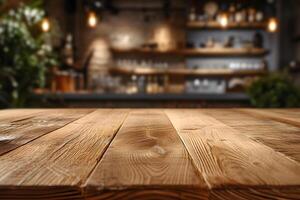 AI generated Wood Table against Blurry cafe Scene Background photo