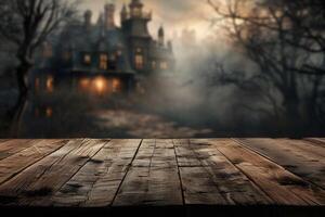 AI generated Empty Wooden Tabletop with Blurry Spooky Haunted Manor Background photo