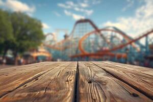 AI generated Wooden Tabletop with Thrilling Park Attraction Background photo