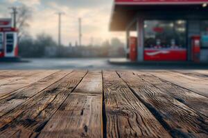 AI generated Wooden Table Setting in the Blur of Gas Station Background photo