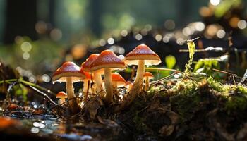 AI generated Close up of a fresh, yellow, poisonous toadstool generated by AI photo