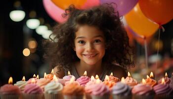 ai generado sonriente niño celebra cumpleaños con vela y pastel generado por ai foto