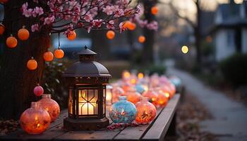 AI generated Glowing candle illuminates rustic lantern in autumn night generated by AI photo