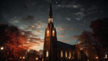 ai generado gótico capilla iluminado por luz de la luna en antiguo ciudad generado por ai foto