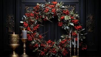 AI generated Winter celebration holly wreath, candle, ornament, gift generated by AI photo