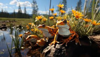 AI generated Cute toad sitting on flower, looking at camera generated by AI photo