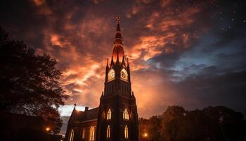 ai generado gótico catedral soportes alto, iluminado por puesta de sol generado por ai foto