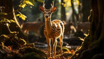 ai generado linda ciervo en pie en bosque, mirando a cámara generado por ai foto