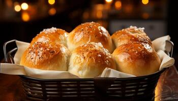 AI generated Freshly baked bread on wooden table, ready to eat generated by AI photo