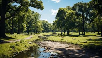 AI generated Tranquil scene of green meadow, tree, and pond generated by AI photo