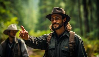 ai generado sonriente hombre excursionismo en el bosque, explorador naturaleza generado por ai foto