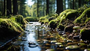 AI generated Tranquil scene of a green forest reflecting on water generated by AI photo