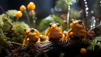 AI generated Cute toad sitting on wet leaf, looking generated by AI photo