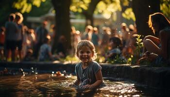 ai generado sonriente niño jugando en el agua, disfrutando verano generado por ai foto