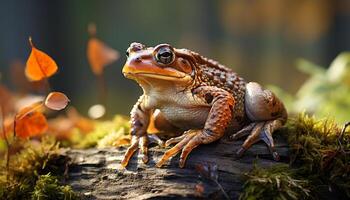 ai generado linda sapo sentado en mojado hoja en bosque generado por ai foto