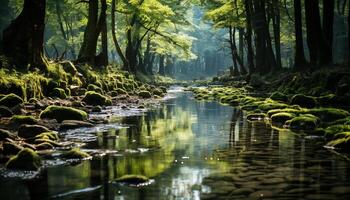 ai generado tranquilo escena de verde bosque refleja en estanque generado por ai foto