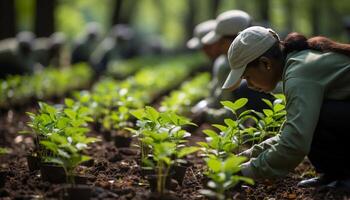 AI generated Child planting seedling in farm, surrounded by nature generated by AI photo