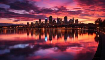 AI generated City skyline reflects in tranquil water at dusk generated by AI photo