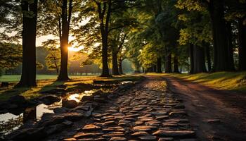 AI generated Tranquil forest path, autumn leaves, nature beauty generated by AI photo