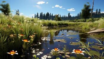AI generated Tranquil scene of green meadow, flower, and pond generated by AI photo