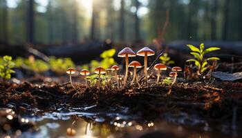 AI generated Freshness of autumn forest, wet toadstool on branch generated by AI photo