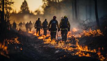 ai generado hombres en uniforme trabajando al aire libre, luchando peligroso llamas generado por ai foto