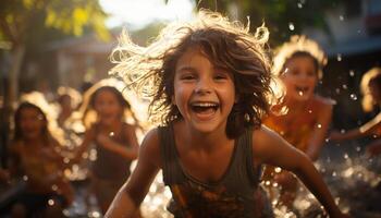 ai generado sonriente muchachas jugando en el agua, despreocupado y contento generado por ai foto