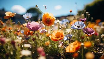 ai generado vibrante prado, verano atardecer, flores silvestres floración en naturaleza generado por ai foto