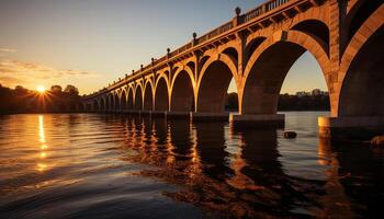 AI generated Sunset over water, reflecting the architecture of a bridge generated by AI photo