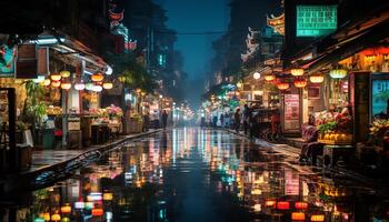 AI generated Nightlife in illuminated city streets, famous for architecture generated by AI photo