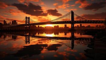 ai generado paisaje urbano reflexión en agua, rascacielos silueta iluminado a oscuridad generado por ai foto