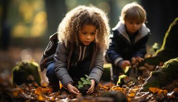 AI generated Children playing outdoors in autumn, smiling and bonding generated by AI photo