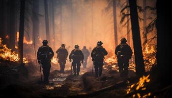 ai generado grupo de armado efectivo caminando mediante ardiente bosque generado por ai foto