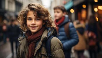 ai generado sonriente niño caminando al aire libre, disfrutando invierno con familia generado por ai foto