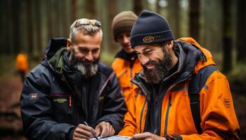 ai generado dos machos al aire libre, sonriente, laboral, en naturaleza generado por ai foto