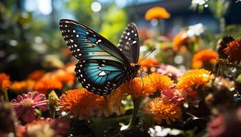 AI generated Vibrant butterfly in multi colored flower, showcasing natural beauty generated by AI photo