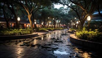 AI generated Nighttime cityscape illuminated by street lights and reflections generated by AI photo