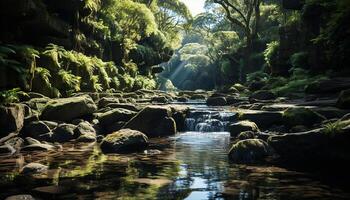 AI generated Tranquil scene of flowing water in a tropical rainforest generated by AI photo