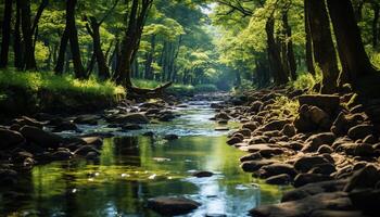 AI generated Tranquil scene of a green forest in summer generated by AI photo