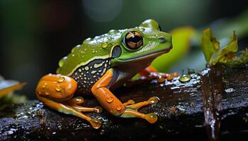 AI generated Green toad sitting on wet leaf, looking away generated by AI photo